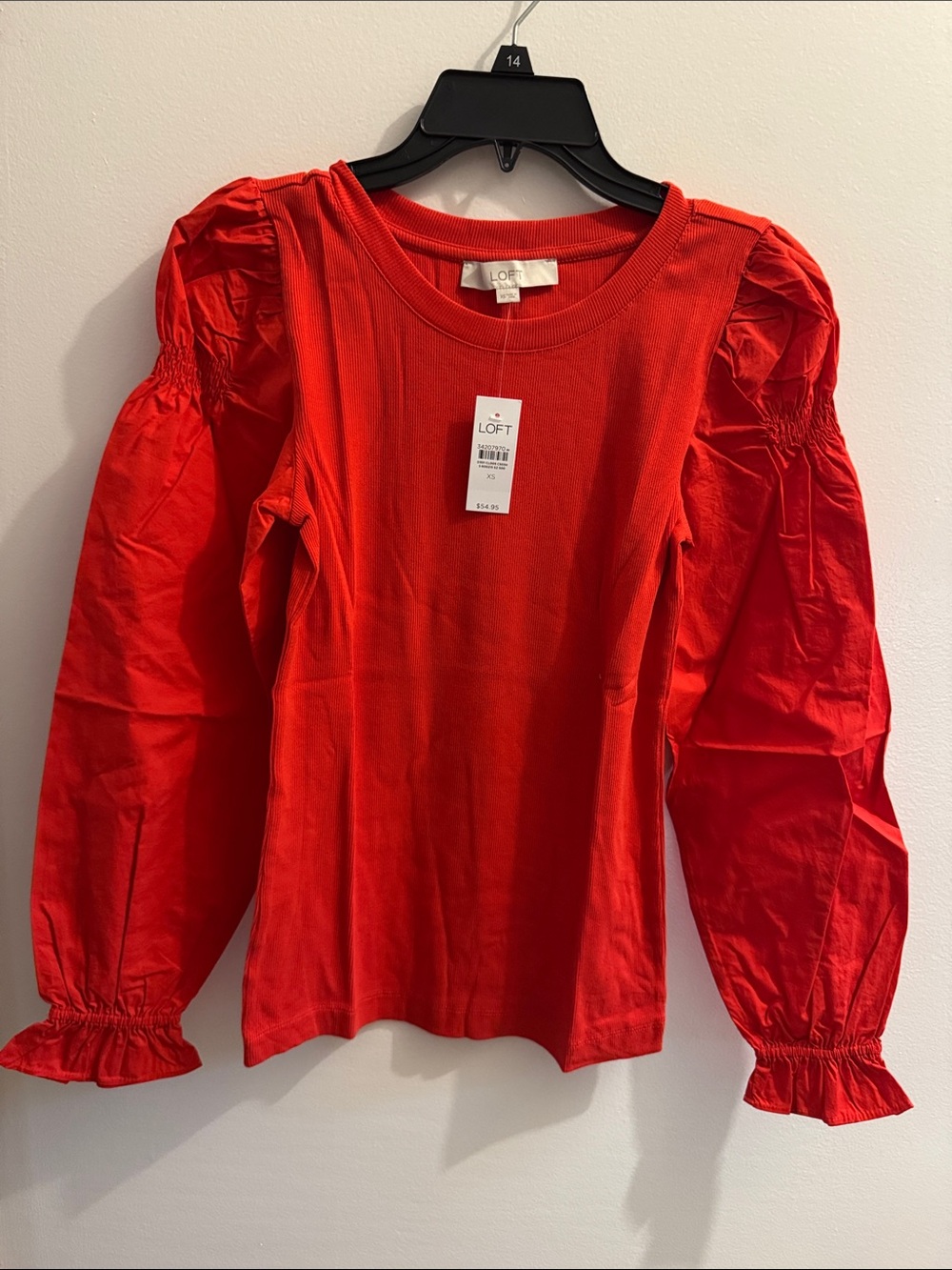LOFT Red Puff-Sleeve Long Sleeve mixed media blouse top XS